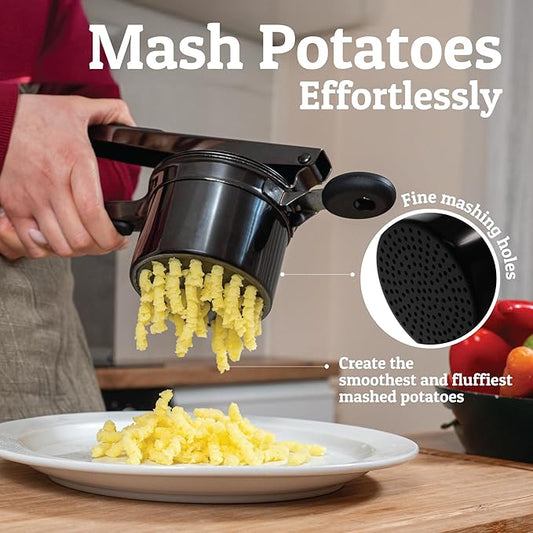 PriorityChef Large 15oz Potato Ricer, Heavy Duty Stainless Steel Potato Masher and Ricer Kitchen Tool, Press and Mash Kitchen Gadget For Perfect Mashed Potatoes - Everytime, All Black