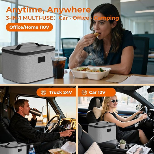 Electric Lunch Box Food Heater - 12V/24V/110V 3-in-1 Portable Oven Car Food Warmer, Mini Personal Microwave Heated for RV, Truck, Camping, Travel, Work, Office and Home Use