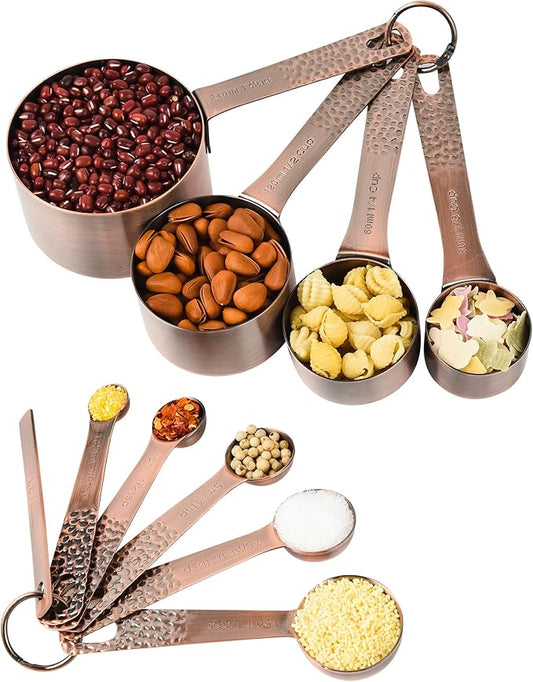 Copper Measuring Cups and Spoons Set, Stainless Steel Measuring Tools Set for Baking & Kitchen, Metric & US 4 Copper Plated MeasureCups and 5 Measure Spoons with Leveler for Wet & Dry