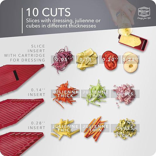 Börner Mandoline Slicer Vital (Starter Set) • Vegetable Slicer with Stainless Steel V-Blade • 10 Cutting Styles for Slices, Strips & Dices • Various Thickness Settings & Dressing Function