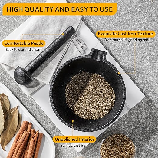 Velaze Cast Iron Mortar and Pestle Tool Set, 6.5 inch Pestle and 3 Cup Capacity Mortar, Non Porous Spice Grinder, Smasher for Kitchen Spices and Pesto(27 oz)