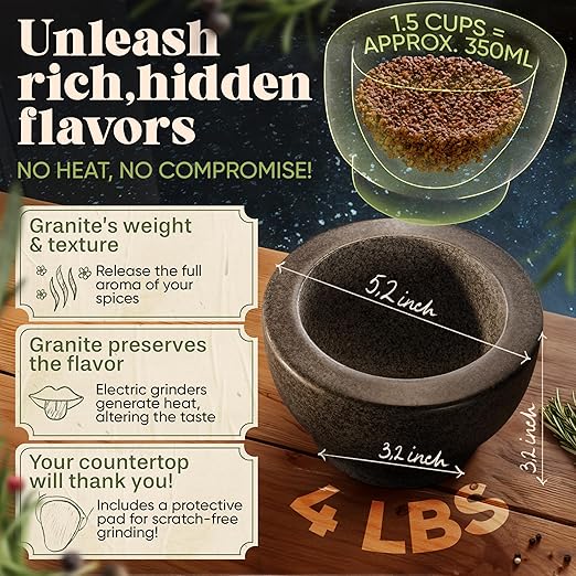 ChefSofi Mortar and Pestle Set - Black Polished Exterior - 1.5 Cup Capacity