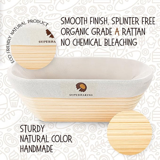 Superbaking 10" Oval Banneton Bread Proofing Basket – Sourdough Starter Kit for Crusty Artisan Style Loaves, Includes Essential Bread Baking Supplies & Tools - Ideal Gift for Bakers
