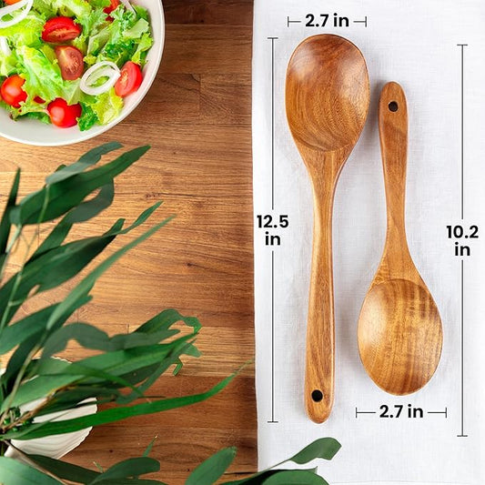 Zulay Kitchen Teak Wood Utensil Set – 2 Piece Large and Small Wooden Cooking Spoons, Handcrafted Natural Teak Wood Kitchen Utensils, Durable, Nonstick Safe & Smooth Finish
