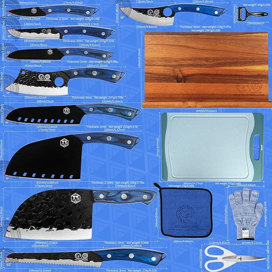 XYJ Authentic Since 1986,Knife Block Set,Full Tang Knives Set with Magentic Knife Block, Honing Steel,Scissors,Gloves,Paring Santoku Boning Cleaver Vegetable Butcher Bread Kitchen Knives,Blue