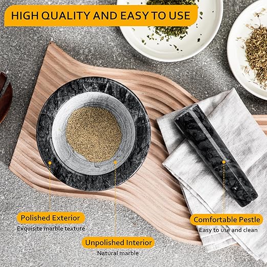 Velaze Marble Mortar and Pestle Set - 5.1 Inch Pestle & 1.25-Cup Capacity, Heavy Duty Grinder & Crusher for Spices, Herbs, Pills, Pestos - Polished Natural Marble Stone Kitchen Tool