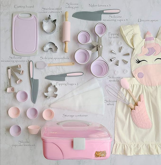 Baker Buddy Unicorn Kids Real Baking Set with Storage case, Real Working Utensils, Cookie Cutters, and Baking Supplies, Beautiful Unicorn Apron for Kids.
