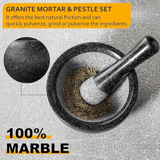 Velaze Large Mortar and Pestle Set, 100% Granite, Natural Unpolished, Herb Crusher, Spice Grinder, Stone Grinder Bowl for Making Guacamole and Pesto, 6.3 Inch Pestle and 16 oz Mortar(2Cup)