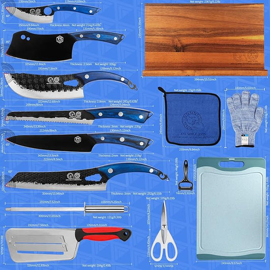 XYJ Authentic Since 1986,Kitchen Knife Block Set,High Carbon Steel Blades,Knives Set with Block,Cutting Board,Sharpener Rod,Scissors,Gloves,Slicing Bread Vegetable Chef Knives,Full Tang,Blue