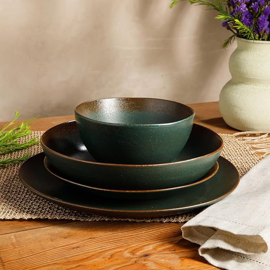 Bloomhouse - Two Time Oprah's Favorite Things Winner - Palermo Sun Double Bowl Stoneware Reactive Glaze Plates and Bowls Dinnerware Set - Agave Blue, Service for Four (16pcs)