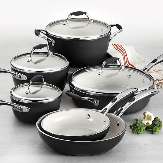 Tramontina 80110/525DS Gourmet Ceramica Deluxe Cookware Set, Non Stick Ceramic Interior, 10-Piece, Metallic Black, Made in Italy