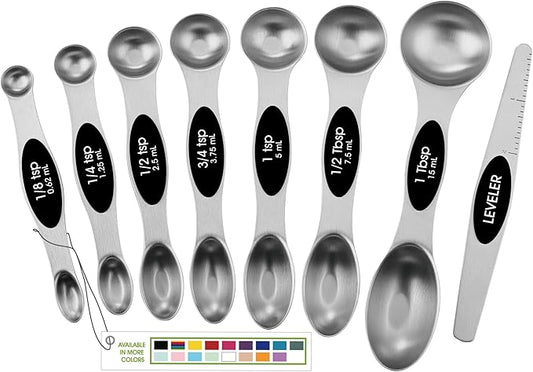 Spring Chef Stainless Steel Magnetic Measuring Spoons Set with Strong N45 Magnets, Heavy Duty Metal Kitchen Gadgets for Baking & Cooking, Fits in Most Kitchen Spice Jars, Set of 8 with Leveler, Black