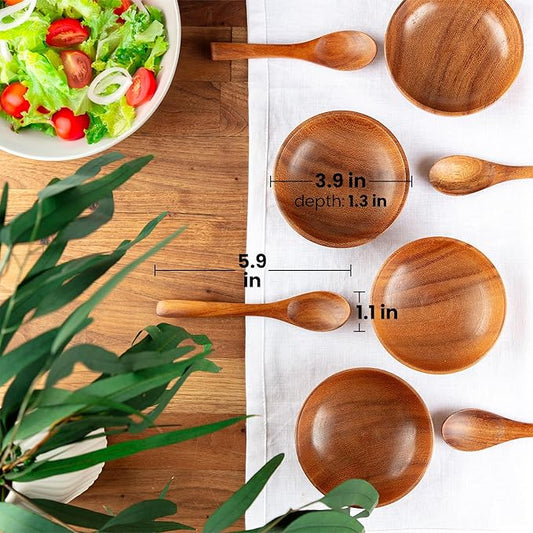 Zulay Kitchen Teak Wood Dipping Bowls with Spoons Set – 8 Piece Wooden Serving Set with 4 Mini Bowls and 4 Small Spoons, Handcrafted Natural Teak Wood, Durable & Smooth Finish